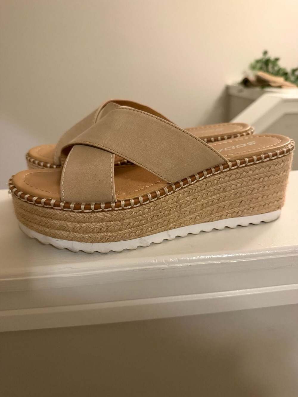 Soda Women Beige Criss Cross Platform Espadrille Wedge Sandals